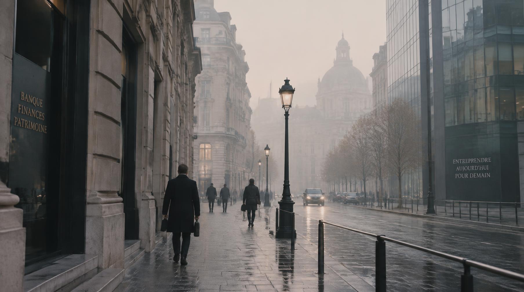 A city business district in early morning fog