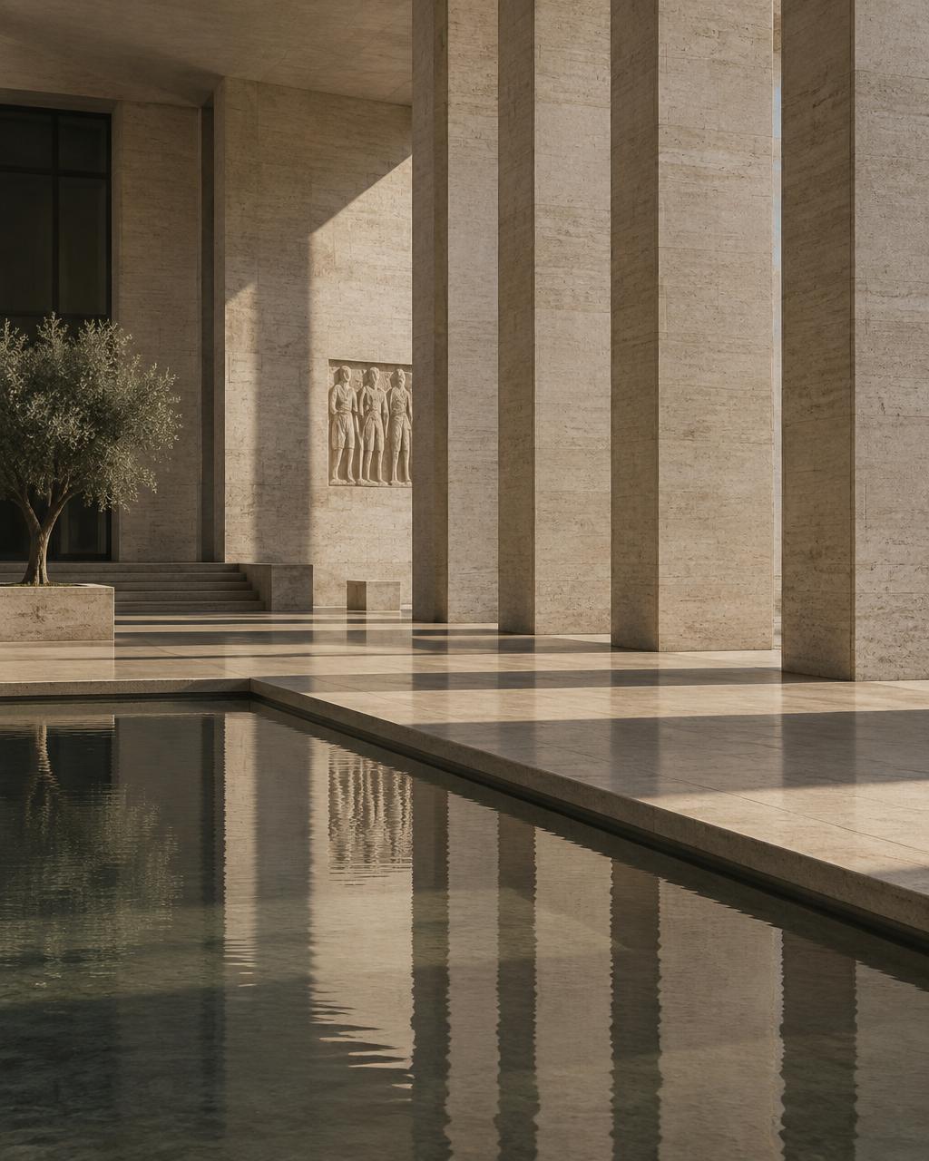 A travertine courtyard with columns and a reflecting pool