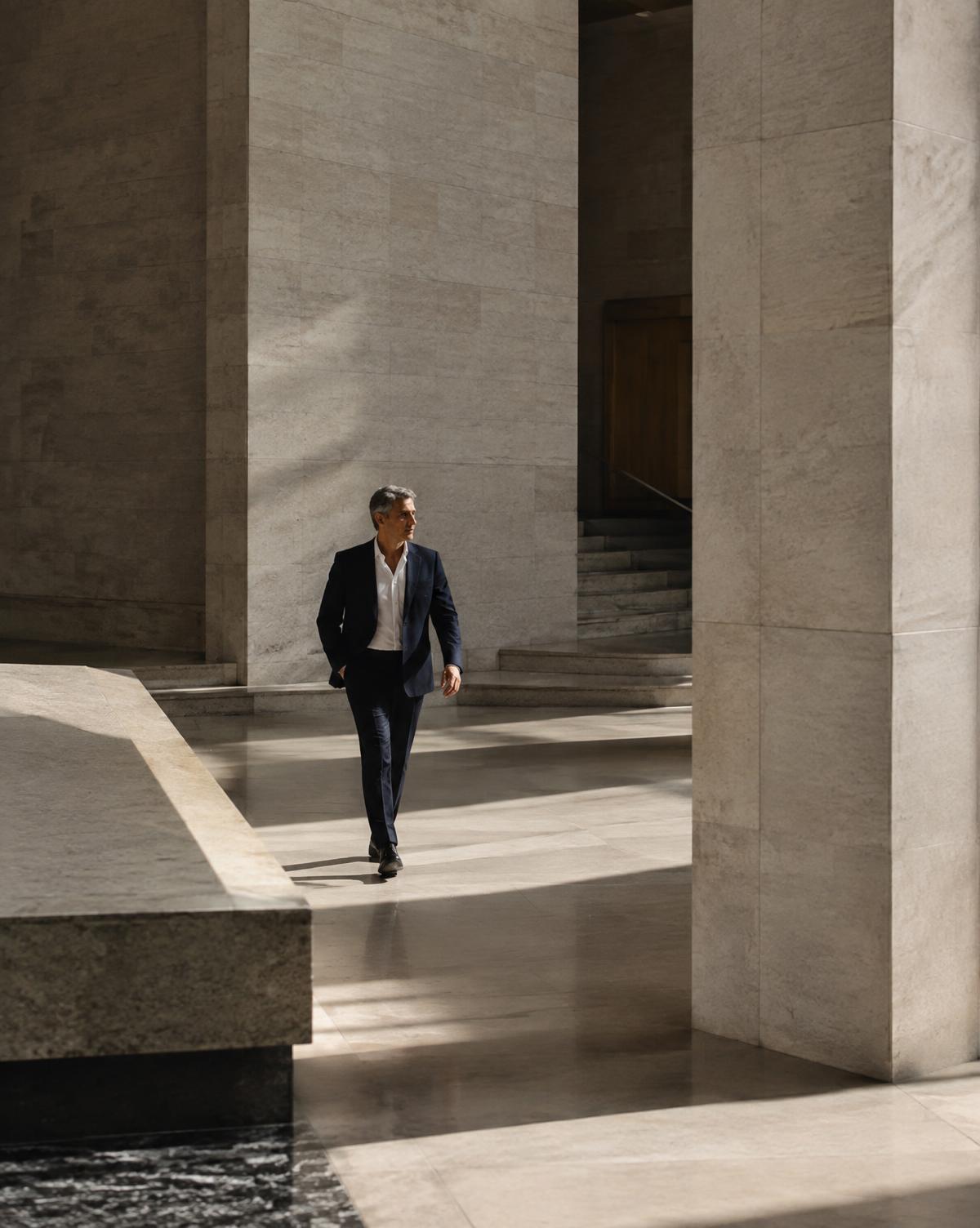 An executive walking through a stone atrium