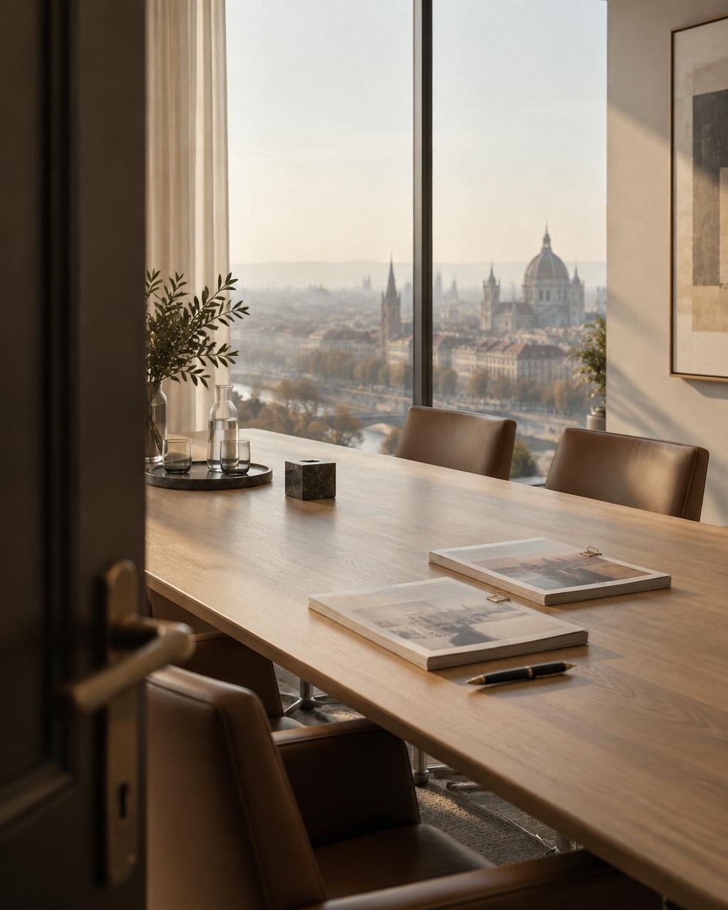 A private meeting room overlooking a city