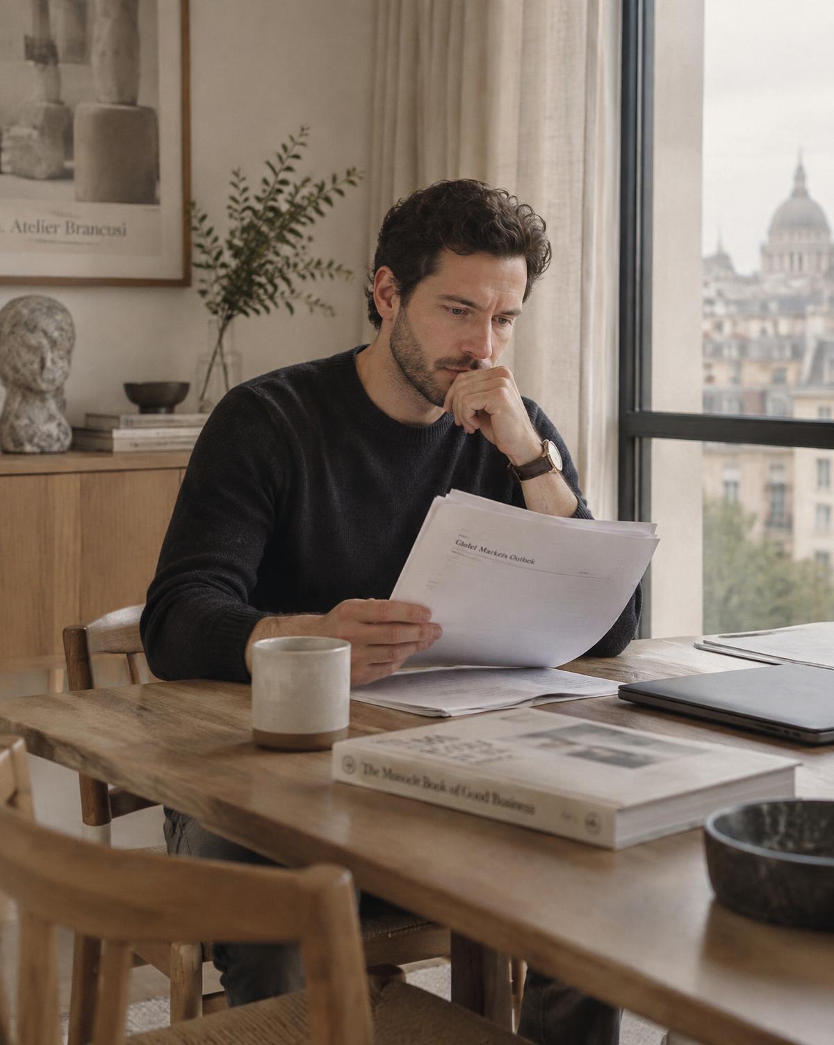 An investor reviewing papers by a window